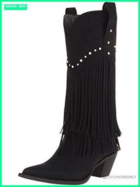 Faux Leather Studded Fringe Cowboy Boots Pointed Toe
